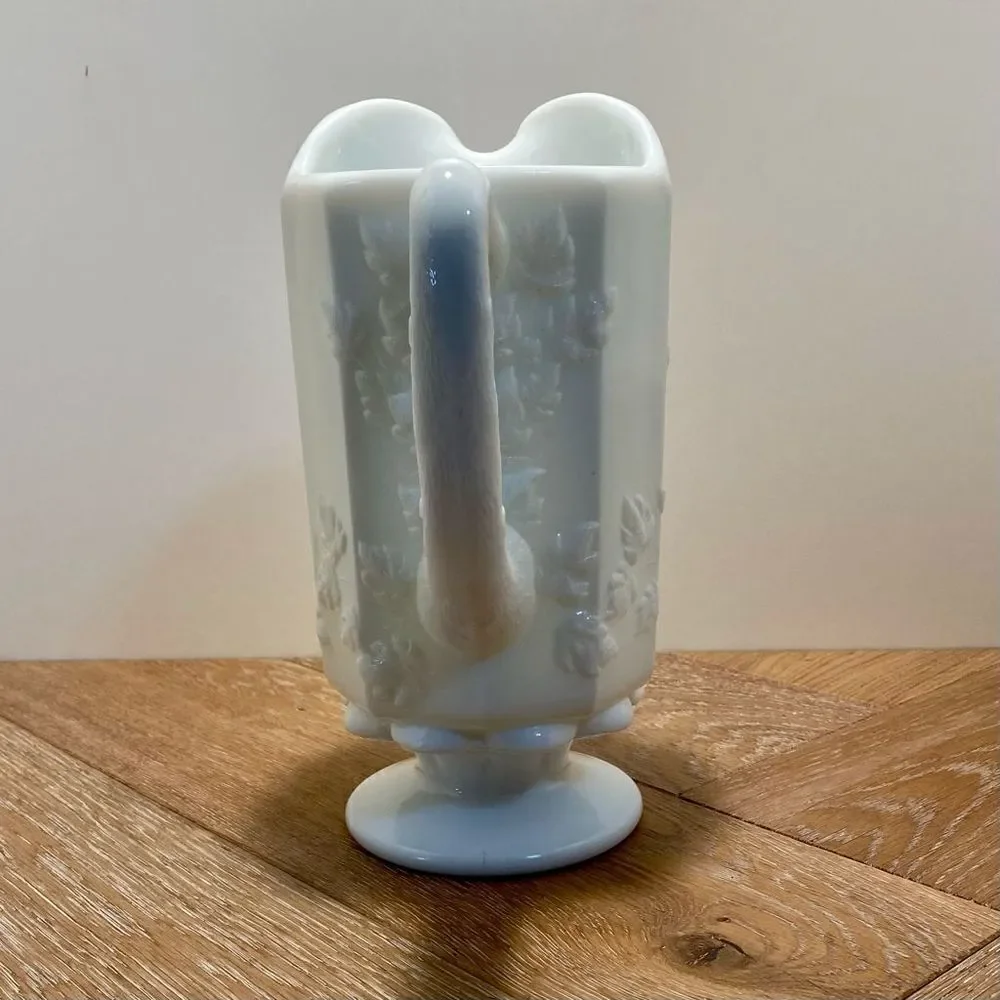 Vintage Pedestal Milk Glass Handled Pitcher 9” Tall Grapes & Leaves